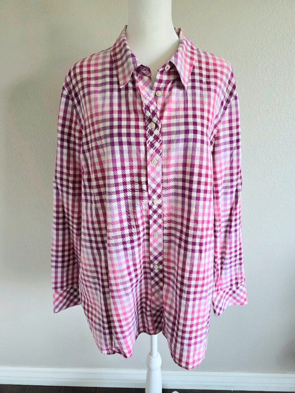 Talbots Top Button Up Shirt Pink Purple Check Gingham Cotton Long Sleeve Sz  XL